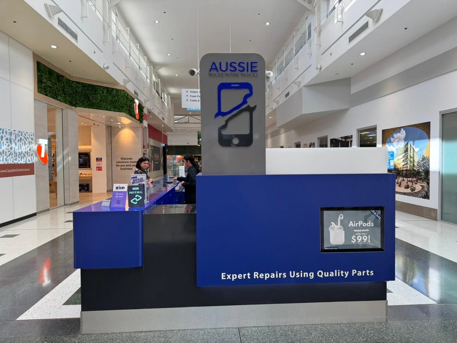 Aussie Mobile Phone Repairs kiosk at Capalaba Central Shopping Centre